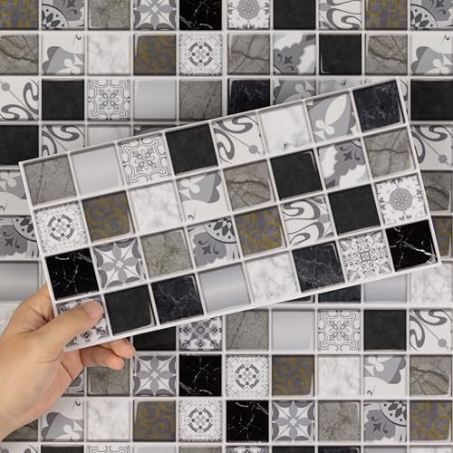 Hode Stick on Tiles Kitchen Bathroom, 12Pcs 15x30cm Grey Mosaic Tile Stickers, Peel and Stick Self Adhesive Wall Waterproof