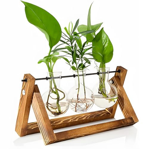 Plant Propagation Stations - Plant Terrarium with 3 Bulb Vase & Wooden Stand, Terrarium for Hydroponic Plants, Gifts for Mum Women Plant Lovers, House Warming Gifts New Home for Her Home Decor