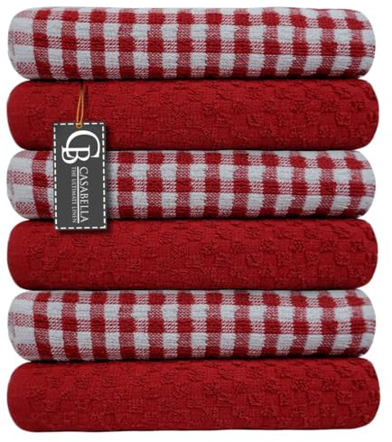 Casabella Pack Of 6 Terry Towelling Cotton Kitchen Tea Towels. Soft, Highly Absorbent Dish Towels & Bar Towels Unbeatable Price (6 Pieces Set, Red)