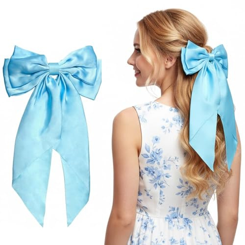 LECTNORE Sky Blue Hair Bow - Large Bowknot Hair Clip for Women, Satin Silky Ribbons with Long Tail, French Barrette Hair Accessory for Girls Ponytail Holder