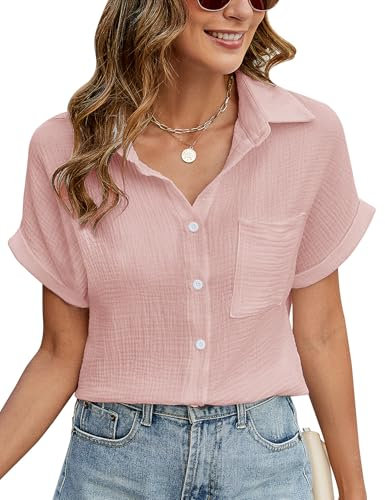 PASUDA Bluse Damen Sommer Elegant V-Ausschnitt Button-Down Blusen Casual Baumwolle Kurzarm Hemdbluse Basic Revers Hemd Oberteile Tunika Shirts Tops (Rosa, L)