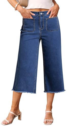 luvamia Capris Jeans for Women Wide Leg High Waisted Trendy Raw Hem Patch Pocket Cropped Stretchy Denim Capri Pants Womens Cowgirl Outfit Classic Blue Large Fits Size 12 Size 14