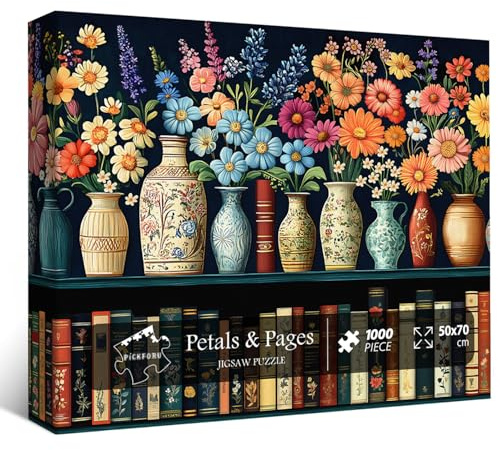 Wildflower Puzzles for Adults 1000 Pieces, PICKFORU Vintage Flower Book Puzzle, Wildflower Pages Jigsaw Puzzle for Book Lover, Floral Art Bookshelf Library Puzzles