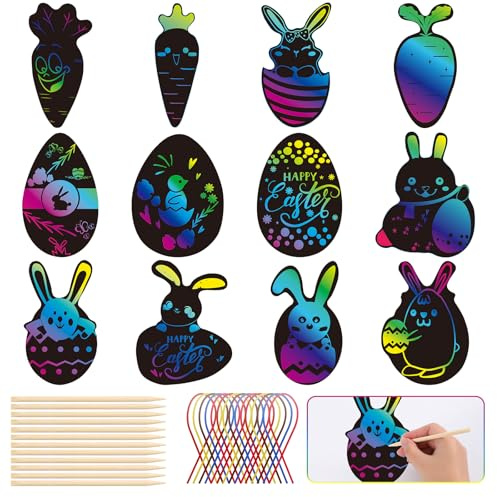 Easter Scratch Art Egg Decorations Papers 48 Pcs - Easter Crafts Rabbit Bunny Carrot Egg Rainbow Magic Scratch Painting for Kids, Essentials Easter Party Bag Fillers with 12 Wood Stylus & 48 Ribbons