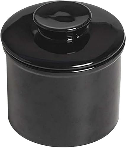 Beurrier français - En céramique - Avec couvercle rond - Refroidi à l'eau - Avec ligne d'eau - Pour beurre frais et tartinable - Noir