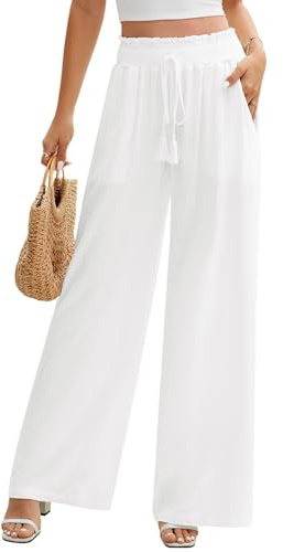 PASUDA Pantalones Mujer Verano Pantalon Ancho de Lino y Algodón de Cintura Alta Pantalón Elástico Causal Yoga Pantalones Fluido Cómodos Ligero Playa con Bolsillos (Beige, L)