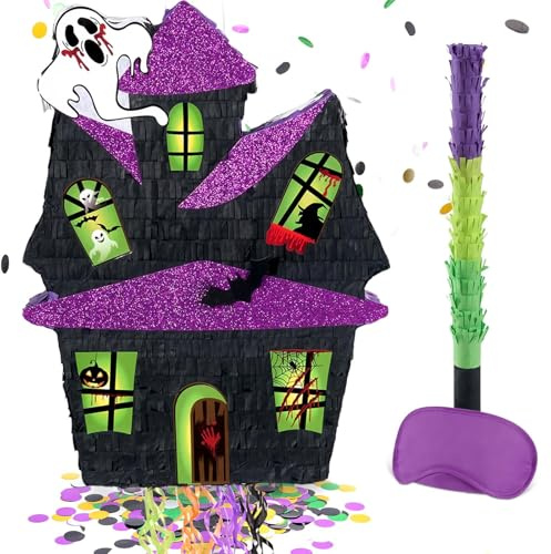 WERNNSAI Haunted House Pinata - Halloween Party Decorations Kids Halloween Pinata with Blindfold Stick for Spooky Party Supplies Trick or Treat Game Scary October Decorations Fits Candy Favors