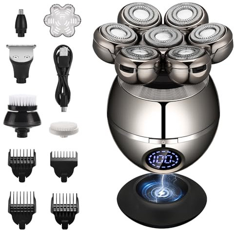 Haosens Electric Razor Head & Body Hair Shaver for Women & Men, 5 in 1 Grooming Kit - Rechargeable Wet/Dry Use Razor with 7D Floating Rotary Blades, Clippers, Nose Trimmer, Brush, Massager (Silver)