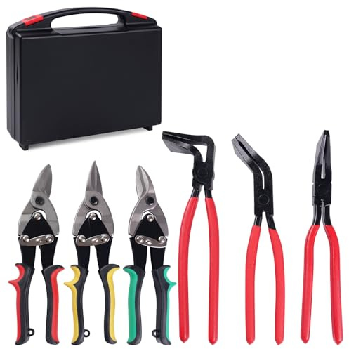 6-Piece Sheet Metal Tools Set – 3 Hand Seamers & 3 Aviation Tin Snips, Metal Cutting Shears & Bending Pliers Kit for HVAC, Roofing, Duct Work, Rebar Bending and Metal Fabrication with Storage Case