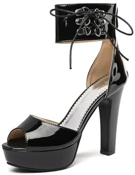 Veelau Meieer Sandalo da donna con plateau rotondo Peeptoe laccato, con tacco a blocco, anello a D, cinturino alla caviglia, Nero , 39 EU