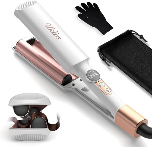 UKLISS Hair Waver Crimper - Pro Mini Beach Waves Curler, LCD-Display [250-400°F], Mermaid Waver for Wavy Hair, Lightweight & Compact Size Wave Curling Iron for Women, Dual Voltage (Rose White)