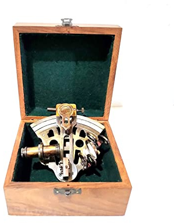 Mässingssextant med förvaringsbox i trä, nautiskt navigeringsinstrument, marinteleskop
