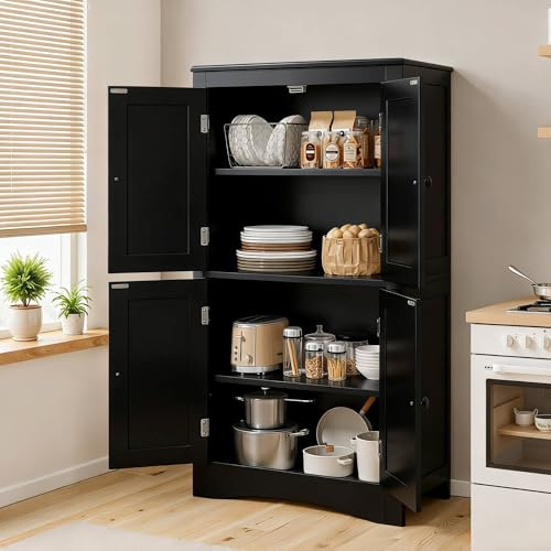 Blishom Armario de Despensa de Cocina, Unidad de Almacenamiento para Baño con Estantes Ajustables y 4 Puertas Magnéticas, Armario de Suelo para Cocina, Sala de Estar, Baño (Negro)