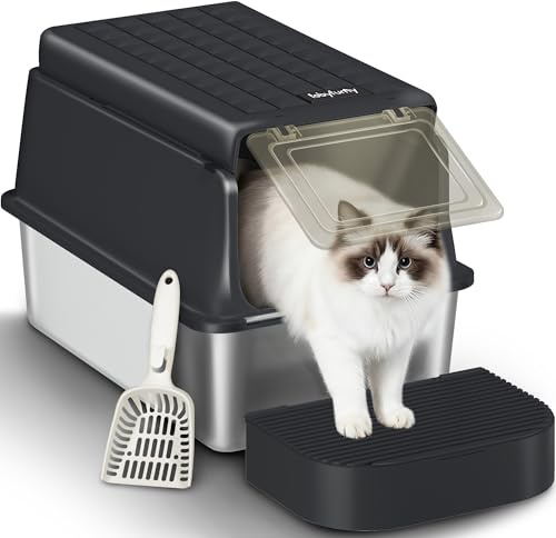 Fobyfurny Arenero Acero Inoxidable Gatos con Tapa, Caja Sanitaria Cerrada XXL, con Pala para Arena y Escalón, Extraíble, Diseño de Tapa Abatible de 120°, Fácil de Limpiar, Negro, FPLB001SB1