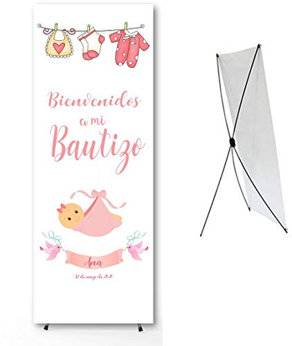 Cartel Bautizo Personalizado 60x160 cm – Pancarta Grande – Bienvenida o Photocall Bautismo – Incluye Soporte PVC – Recuerdo de Nacimiento (NIÑA)