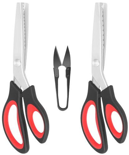 KUONIIY Juego de 3 Tijeras de Zig-Zag (Dentadas y Onduladas) con Cortahilos de Regalo, Tijeras Ergonómicas para Tela, Negro-Rojo
