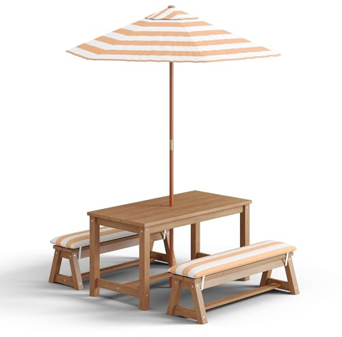 Blishom Kindersitzgruppe mit Sonnenschirm, Outdoor-Sitzgruppe mit Kissen, Kindertisch, Spieltisch für Garten, Terrasse, Veranda, Patio (Hellbraun)