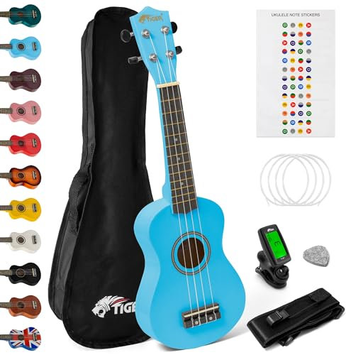 TIGER UKEKIT Ukulele-Set für Anfänger, Sopran-Ukulele, Stimmgerät, Gurt, Uke Stickers, Ersatzsaiten und Filzplektrum - Blau -