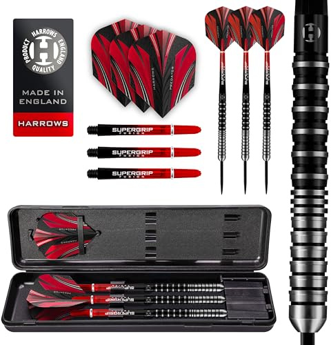 Harrows Predator 90% Tungsten Steel Tip Darts Set 22g, 23g, 24g &25g - Includes Ultra Traction Grip, Supergrip Fusion Shafts, Prime Flights & Travel Case (21g)