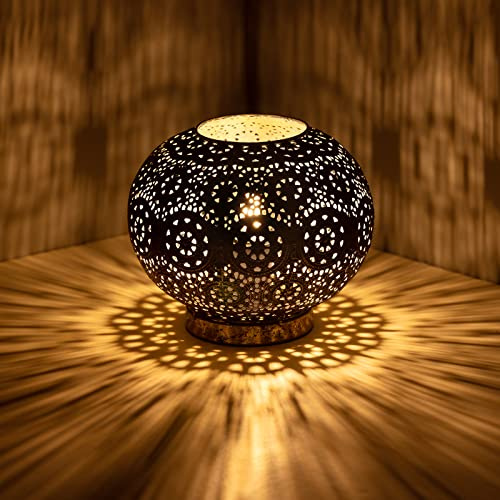 Moroccan Mosaic Table Lamp Metal Turkish Moroccan Lamp Handmade Mosaic Bedside Lamp Nightstand Lamp with Vintage Patina Green Globe Lampshade, for Bedroom Living Room Decor, Size 7 H &7.8 D