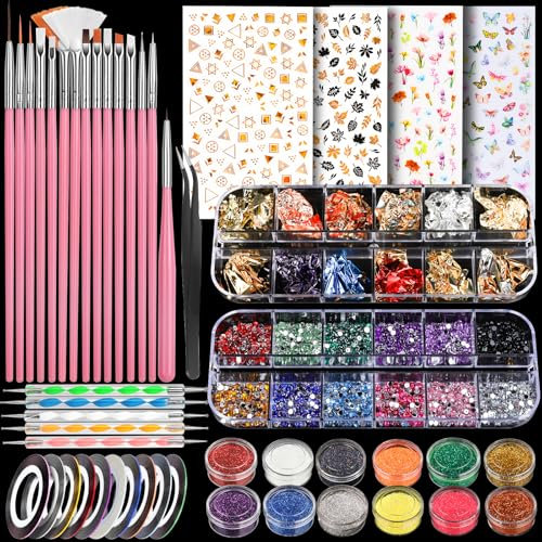 Teenitor Nail Art Kit with Nail Glitter, Nail Art Brushes & Nail Sticker for Gel Nails Art, Nail Gems Nail Accessories Tool for Teenage Girls, Nail Art Pens Nail Dotting Tool for Beginners