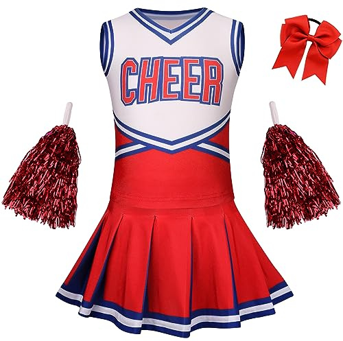 GRAJTCIN Girls Cheerleader Costume Kids Cheer Uniform Cheerleading Outfit Halloween Fancy Dress for 8-9 Years Pompoms(140, Red)