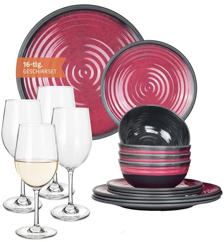 Melamin Campingservis set för 4 personer röd + 4 tiamo vitt vinglas servis picknick BBQ köksredskap