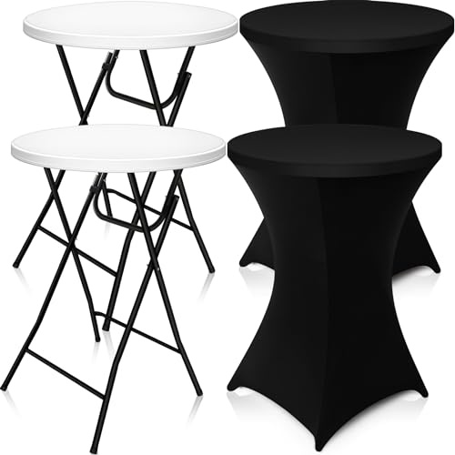 Wenqik 2 Sets 32 High Top Round Folding Cocktail Tables White Bar Height with Removable Legs & 32x43 Spandex Stretch Table Covers (Black)