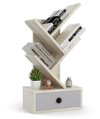 COSTWAY Bibliothèque à 5 Niveaux en Forme d’Arbre, Meuble de Rangement sur Pied avec Tiroir, Mini Etagères de Rangement pour CD, Album, Magazines et Livres, Beige