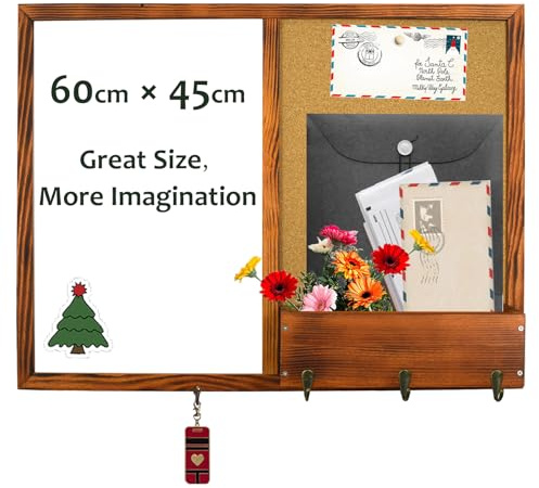 Umtiti 45 x 60 cm Wall Organizer with Whiteboard, Cork Board, Mail Holder and Hooks,Solid Pine Wood Walnut Brown Frame（ZSB-4560SZ）