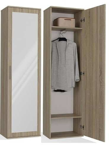 BDW Armoire double avec miroir, penderie moderne, multifonctionnelle, pour couloir, chambre à coucher, chambre d'enfant, 180 x 50 x 35 cm (chêne Sonoma)