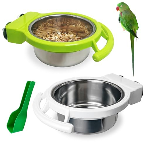 BNOSDM 2 PCS Bird Feeding Dish Cups with Perch Stand Hanging Stainless Steel Bird Bowls Food Container Food and Water Bowls with Spoon for Budgie Cockatoo Finch Lovebirds Pigeons (Green&White)