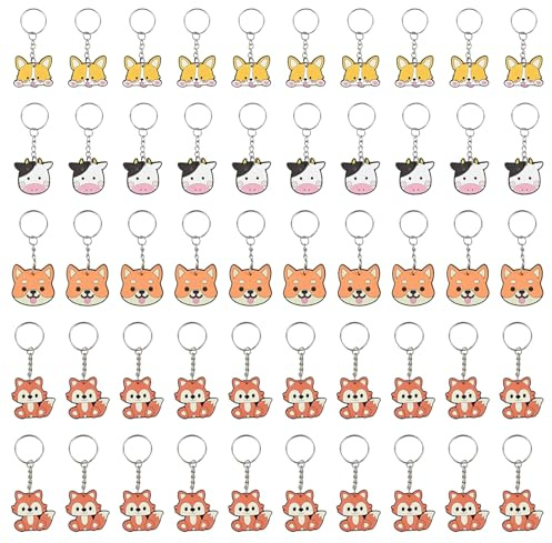 PacuM 50 Pezzi Gadget Portachiavi Bambini con Anello di Collegamento Metallo Portachiavi Gadget Compleanno Include 4 Motivi Bomboniere Chiave Appendibile per Bomboniere Feste Compleanno Bambini