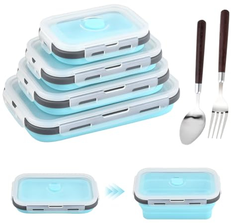 4 Stück Faltbare Frischhalteboxen, Faltbare Dose Silikon mit Deckel, Frischhaltedosen Lunchbox Mikrowelle, Brotdose Tupperdose mit Besteck, Zusammenklappbare Lunchbox für Camping, Wandern, Reisen