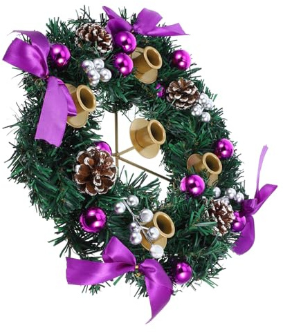 Cabilock Christmas Advent Wreath Candle Holder 5-head Metal Candlestick Stand Rustic Holiday Tabletop Decoration Purple Xmas Candlelight Holder for Seasonal Home Centerpiece