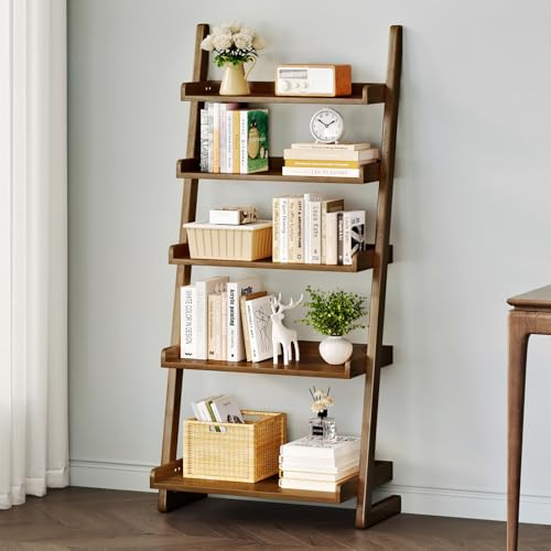 CozyDH Rustic 5-Tier Ladder Shelf, Open Wall-Leaning Bookshelf, Modern Wood Display Stand for Living Room, Bedroom, Home Office,Walnut