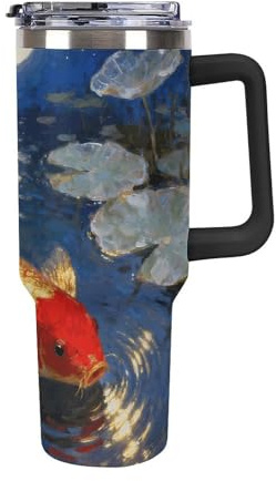 FekiLoot 40oz Tumbler with Handle And Straw - Koi in Moonlit Pond Vacuum Insulated Stainless Steel Travel Mug, Leakproof Water Bottle Coffee Cup for Hot & Cold Drinks, Fits Car Cup Holder
