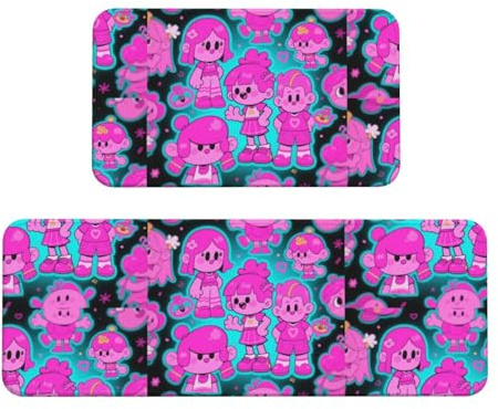 Cartoon Print Kitchen Rugs Set of 2, Cushioned Anti-Fatigue Kitchen Mats for Floor, Waterproof Comfort Standing Mat Absorbent Velvet Kitchen Runner Rugs 17x30+17x47