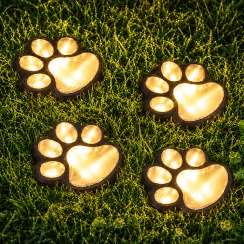 Napiture Solar Paw Paw Print Lights 4-Pack, Waterproof Garden Stake Decorations, Outdoor Ornaments for Dog Cat Lovers, Pet Memorial Gift Solar Lights, 9.0x9.0x8.5cm