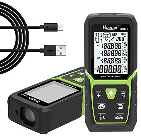 Télémètre Laser, Huepar 120m Mètre Laser de Haute Précision avec Batterie Li-ION et Capteur d'angle Électronique, Écran LCD Rétro-Éclairé, Modes de Mesure Multiples M/in/Ft, Pythagore/Distance/Volume