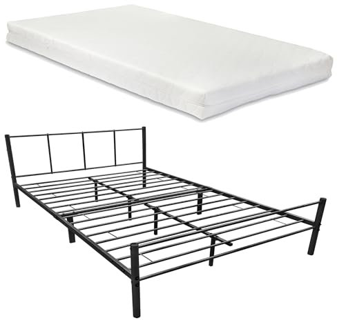 Cadre de Lit en Métal Solide Lit Double Lattes Métalliques Robustes avec Matelas Mousse à Froid Acier Laqué 160 x 200 cm Noir Mat