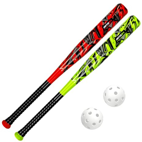 Ortiz34 Bat & Ball Set - Graffiti Plastic Bat & Ball Homerun Set- David Ortiz Backyard Baseball Set for Youth, Kids, Teenagers, Adults (2 Pack Bat & Ball Set, Red/Volt)