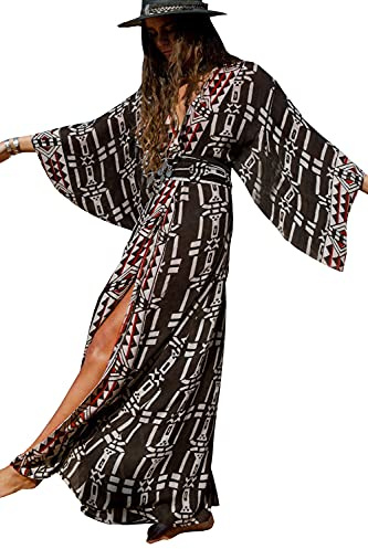 YouKD Women's Bohemian Cardigan Maxi Dress Beach Coverup Robe Long Kimono Robs One Size Black White