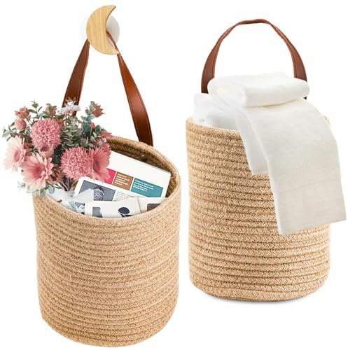 YOUEON Set of 2 Jute Hanging Basket 20 x 17 cm, Small Wall Hanging Planter Baskets, Natural Jute Woven Storage Basket for Flower Plants Towels Sunglasses Wallet Keys, Boho Decor