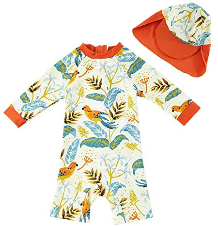 upandfast Baby Jungen Badeanzug mit Sonnenhut UPF 50+ Einteiliger Reißverschluss Kleinkind Badeanzug(Vogel,9-12 Monate)