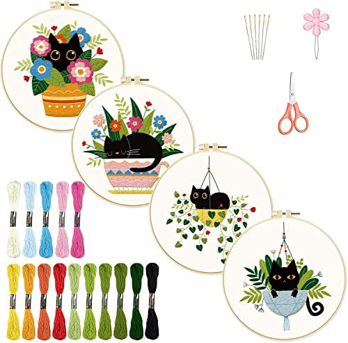 INFUNLY 4 Packung Stickerei-Starter-Set Schwarze Katze Kreuzstich-Set Mit Anleitung DIY-Anfänger-Pflanzen-Stickset Mit Kunststoff-Stickrahmen Fäden Und Nadeln Für Anfänger Und Erwachsene Zum