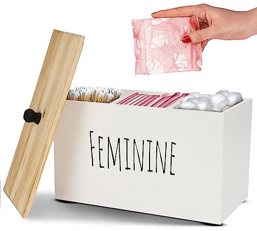 Bliss by Home Tampon Holder Storage for Bathroom, Feminine Wood Container Box, Women Product Organizer, Farmhouse Décor, Pad Storage Container Box, Rustic Accessories (White)