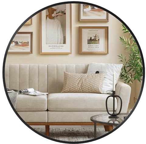 SONGMICS 50 cm d Spiegel rund, runder Spiegel, Wandspiegel, Metallrahmen, einfache Montage, modern, für Bad, Wohnzimmer, Schlafzimmer, Flur, Eingangsbereich, tintenschwarz LWM101BD03