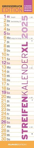 Alpha Edition - GROSSDRUCK Streifenplaner XL 2025, 15x64cm, Streifenkalender mit einer Spalte für Termine, Notizmöglichkeiten, Mondphasen, Kalenderwochen, mit Großdruck und deutschem Kalendarium