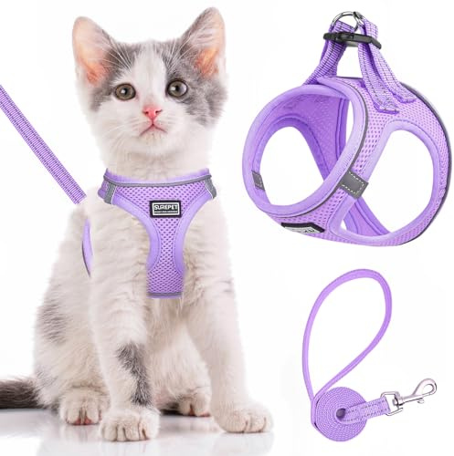 Cat Harness and Lead Escape Proof,Adjustable Soft Mesh Kitten Vest Harness for Walking Reflective Pet vest for Cat Small Dogs Puppy (Purple, XS)